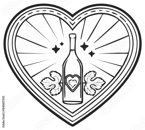 Decorative Wine Bottle and Grape Leaves inside Heart Frame for Coloring Pages or Line Art