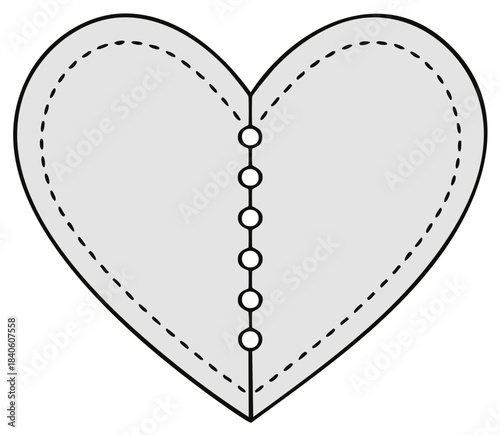 Heart stitched together - symbol of broken heart or heart surgery concept, grey colors, dotted seam