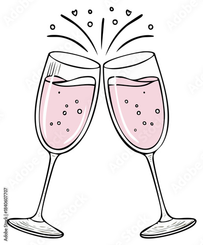 Vibrant hand drawn illustration of two champagne glasses clinking with pink sparkling wine and hearts for celebration