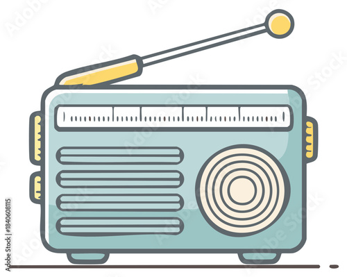 Retro Blue Radio Receiver with Antenna and Speaker Illustration for Broadcasting and Music
