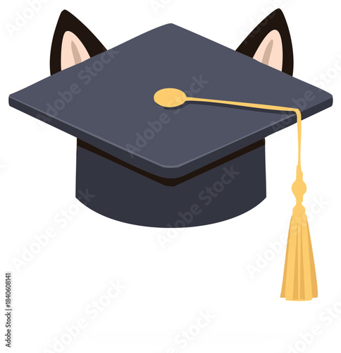Cute cartoon graduation cap with black cat ears and a gold tassel. Whimsical concept for school or university achievement.