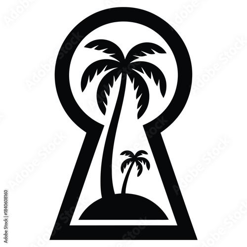 Black and white keyhole silhouette with palm tree island view