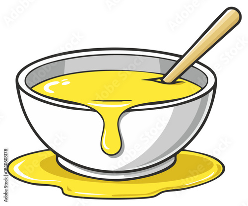 Cartoon Illustration of a Bowl of Yellow Soup Spilling Over the Side