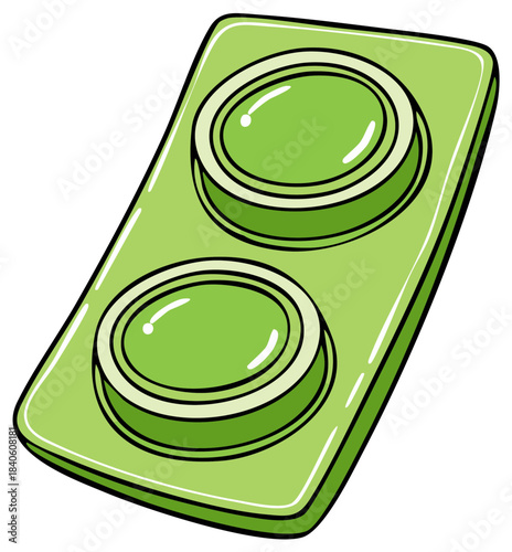 Cartoon medical blister pack with two green capsules illustration