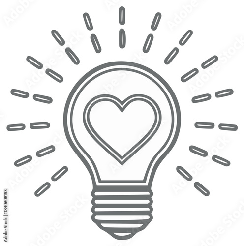 Heart shaped lightbulb with light rays symbolising idea, love, and creativity.