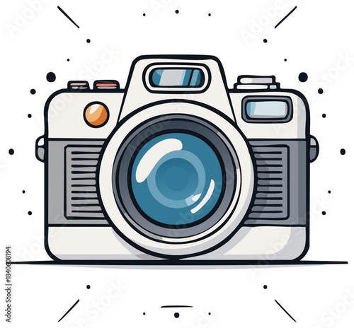 Classic Analog Camera Cartoon Illustration with Blue Lens and Artistic Spark Design