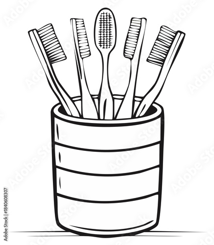 Illustration of a cup with several toothbrushes for dental hygiene