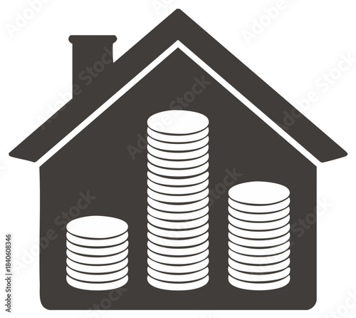 House icon with stacks of coins symbolizing real estate investment and property value growth