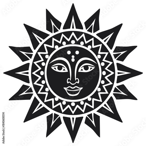 Stylized radiant sun symbol with human face decorative cosmic spiritual design