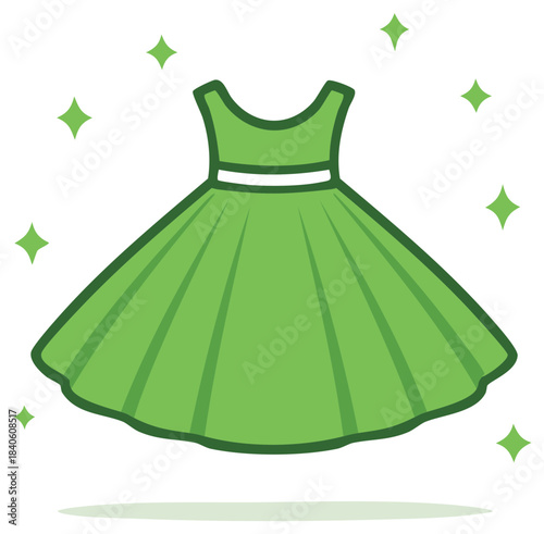 Green dress with sparkles and a cartoon aesthetic
