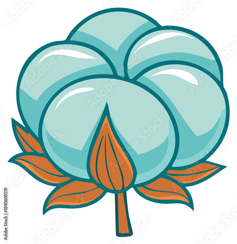 Stylized Cotton Plant Flower Head Cartoon Graphic Isolated on White, Light Blue Fluffy Bolls and Brown Sepals