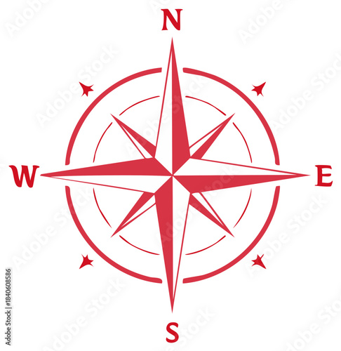 Modern Red Compass Rose Illustration Showing Cardinal Directions North South East West