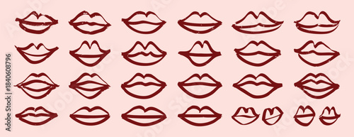 Woman Lips doodle hand drawn element set. lips Crayon chalk drawing textured brush set