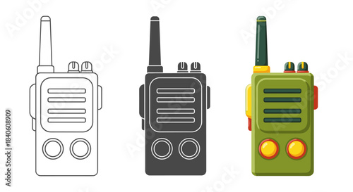 Walkie talkie set isolated on white background radio transceiver device for communication portable handheld radio station cartoon vector illustration of walkie talkie
