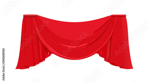 Elegant red velvet fabric draped and pleated, forming a luxurious ceremonial curtain or stage valance, perfect for festive announcements, grand entrances, or theatrical event backdrops