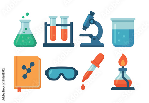Science lab equipment set, test tubes, microscope, flat vector illustration