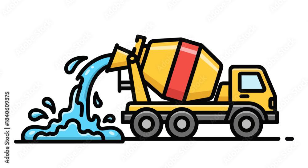 Fototapeta premium Illustrated Cement Truck Pouring Wet Concrete into the Ground Ready for Building Construction