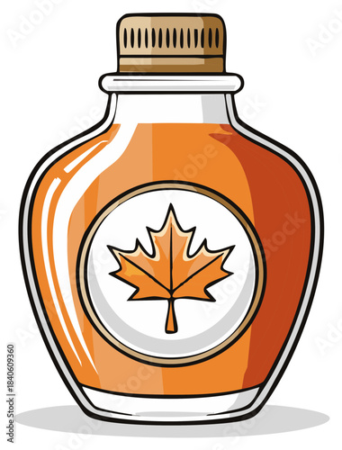 Glass bottle of amber maple syrup with a maple leaf emblem and wooden cap