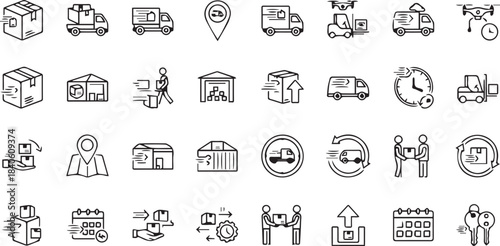 Logistics Line Icons Set. Shipping, Delivery, Warehouse, E-commerce, and Fast Transport Vector Illustrations.