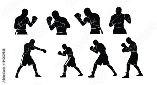 Silhouette series depicting boxing athletes in various training and fighting poses