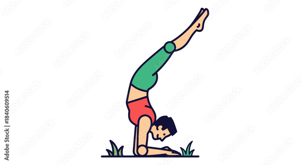 Naklejka premium Illustrated Individual Practicing Yoga Handstand In Simple And Vibrant Fitness Style