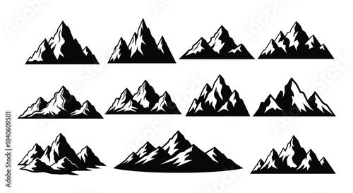 A minimalist arrangement of black mountain silhouettes in a grid pattern