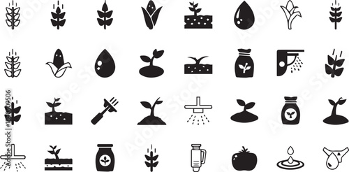 Agriculture, Gardening, and Farming Silhouettes Icons Set