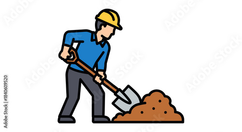 Illustrated Laborer Employing Shovel to Dig Earth, Depicting Construction and Work Effort