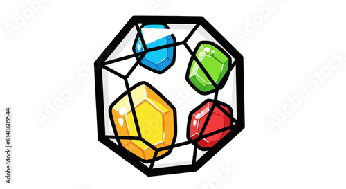 Geometric Jewel Depiction: Vibrant Gems Within a Black Outlined Structure and White Background