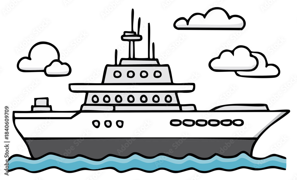 Obraz premium Cartoon yacht boat sailing on water with clouds simple drawing