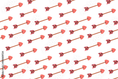 Repeatable background featuring wooden arrows with heart-shaped tips. Romantic archery texture for fabric print, scrapbooking, and love concepts.