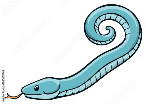 Cartoon Blue Snake with Tongue Out and Curled Tail Illustration