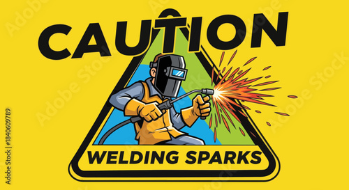 Graphic Illustration Depicting Caution Sign Highlighting Welding Sparks and a Welder