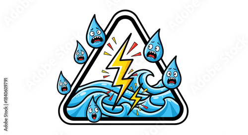 Graphic Illustration Depicting Electric Storm Surrounding Scared Water Drops Within Triangle