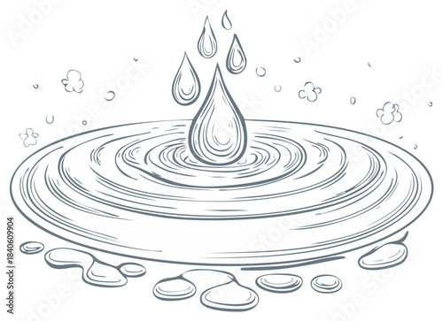 Water Droplet Creates Ripples In Pond, Hand Drawn Illustration