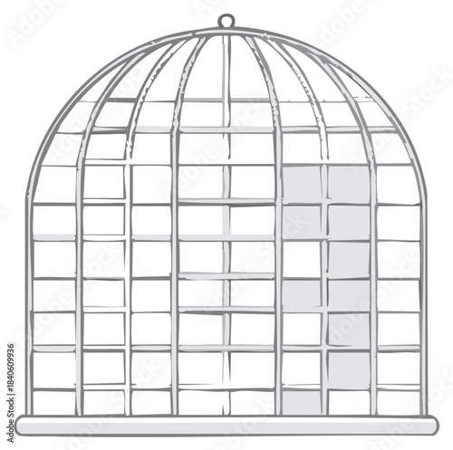 Vintage style cage illustration, empty birdcage vector drawing, antique decorative object, interior decor element