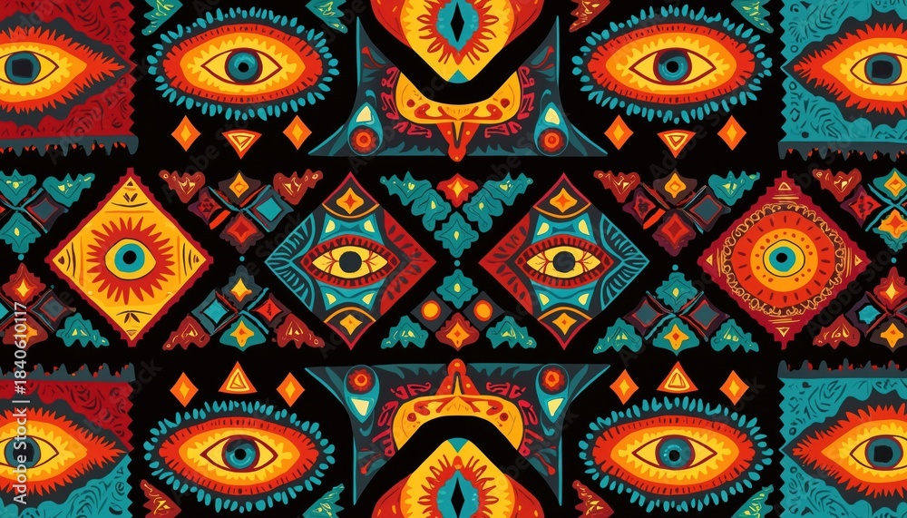 Fototapeta premium Vibrant seamless pattern with stylized eyes, abstract shapes in African tribal style on black background. Colorful turquoise, yellow, orange, red hues. Geometric motifs, diamond, eye shapes. Ornate