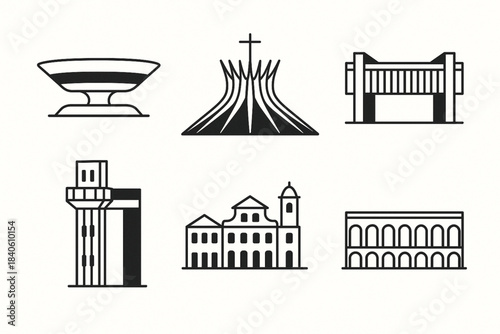 Brazilian architecture vector icon set with Niterói museum Brasília cathedral São Paulo MASP and Rio arches