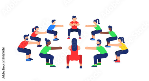 Group Of People Performing Bodyweight Squats During A Fitness Session, Exercising Together