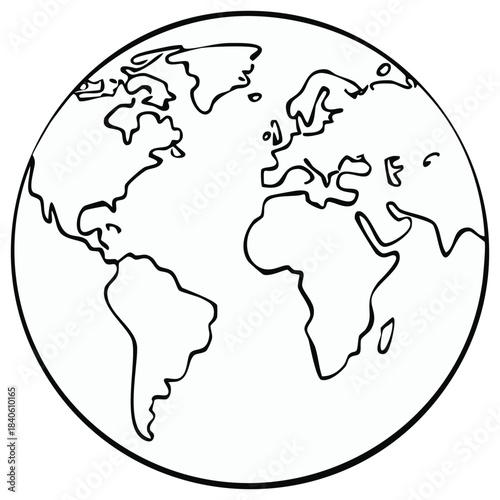 Earth line art illustration depicting continents Africa Europe Americas geography and oceans for educational content