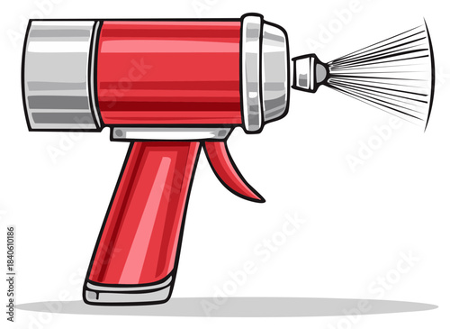 Retro red spray bottle spraying fine mist with grey accents and a shadow