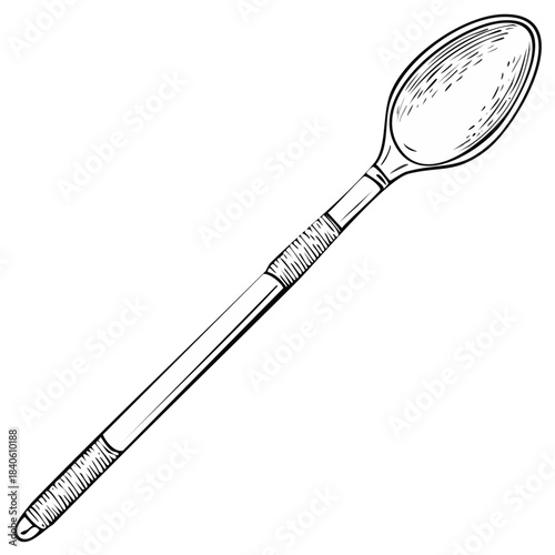 Vintage long handled wooden spoon with wrapped handle hand drawn sketch illustration
