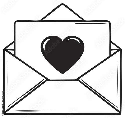 Hand drawn love letter with a heart symbol inside an open envelope illustration