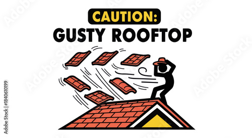 Gusty Rooftop Warning: A Cautionary Depiction of High Wind Conditions and Hazards