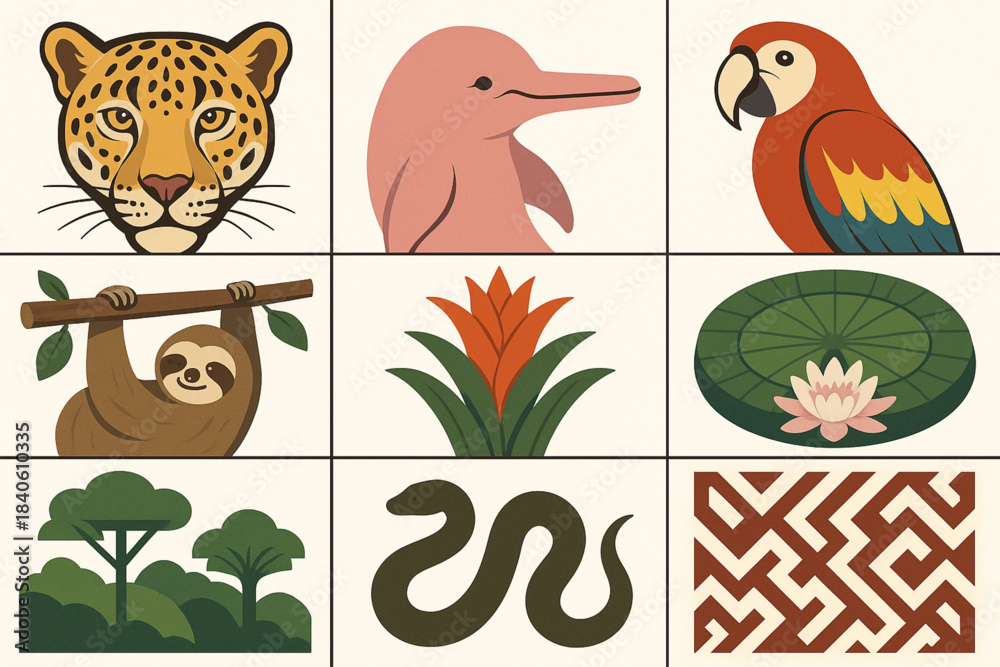 Obraz premium Amazon wildlife vector grid with jaguar dolphin macaw sloth rainforest plants and indigenous patterns