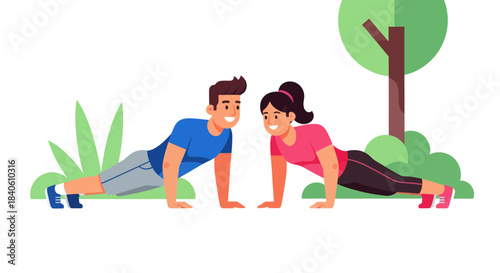 Healthy Couple Doing Pushups Together Outdoor Setting With Trees And Lush Greenery