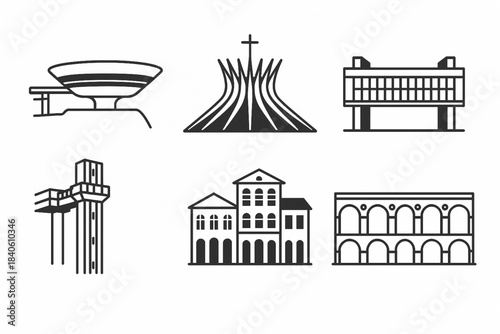 Brazilian architecture vector icon set with Niterói museum Brasília cathedral São Paulo MASP and Rio arches