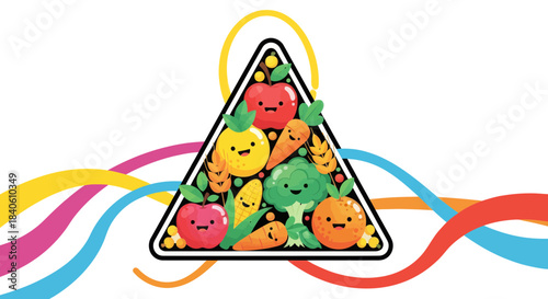 Healthy Food Pyramid: Fresh Fruits And Vegetables With Smiling Expressions
