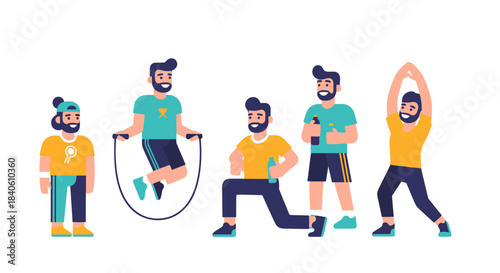 Healthy Lifestyle and Daily Workout Routine Illustrated With Young, Cheerful Male Characters