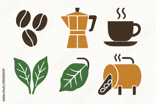 Brazilian Coffee Culture Icon Set Coffee Beans Moka Pot Brewing Cup Plantation Leaves Roasting Drum Flat Vector Grid